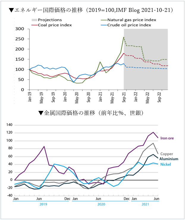 エネルギー国際価格の推移
（2019=100, IMF Blog 2021-10-21）
金属国際価格の推移
（前年比、世銀）
